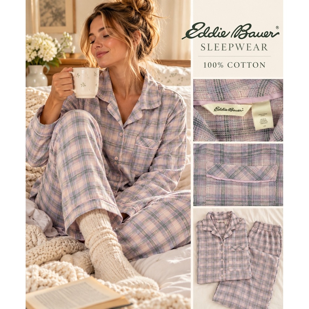 Eddie Bauer Large 100% Cotton Plaid Pajama Set Flannel Cottagecore Cozy